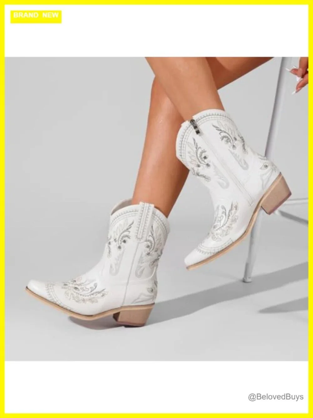 Rhinestone Embroidered Ankle Cowboy Boots Chunky Heel Western Booties